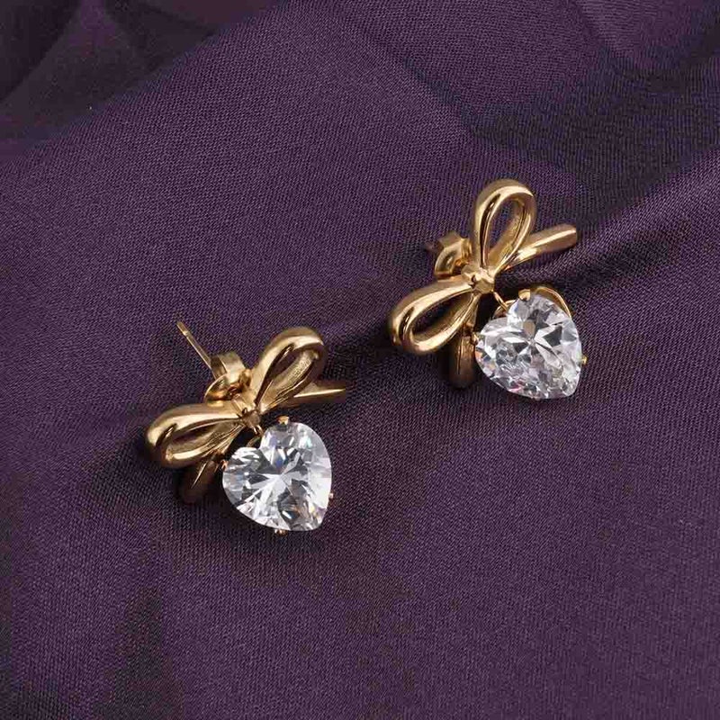 PALMONAS 18k Gold Tone Plated Zircon Heart & Bow Drop Earrings
 for Women - Image 3
